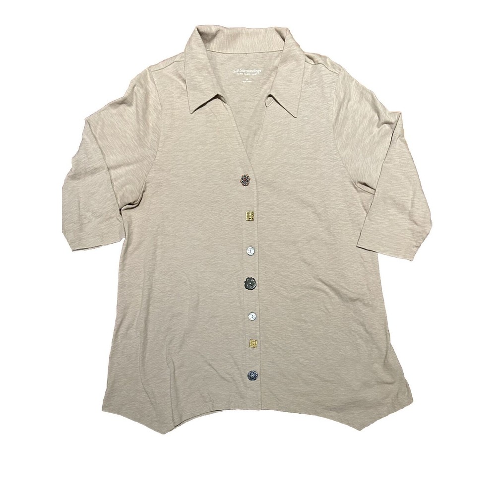 Soft Surroundings Womens Top Cardigan 1X Tan Tunic V Neck Danielle Button